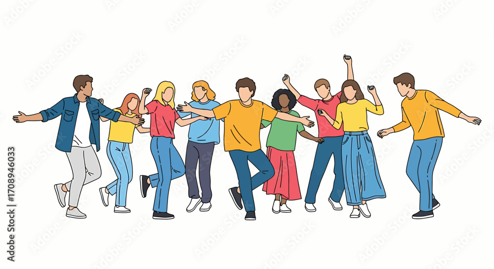 Obraz premium Happy diverse group of young friends dancing together in a row. Flat line art vector illustration celebrating friendship, community, and joyful movement