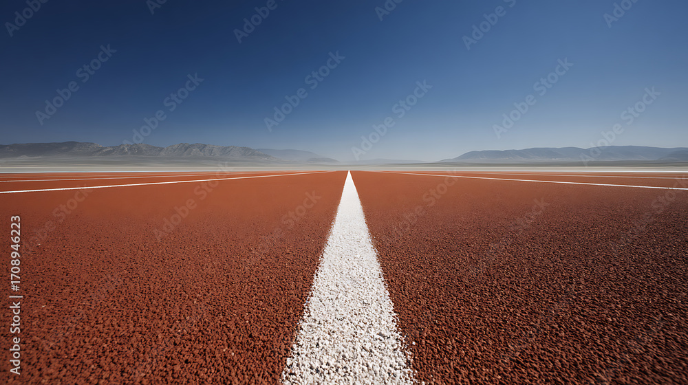 Fototapeta premium Straight red running track with white center line stretching into desert landscape under clear blue sky