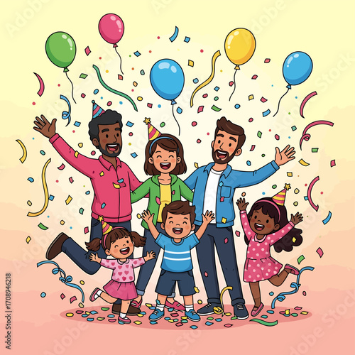 Joyful Celebration Diverse Family and Friends Rejoice with Balloons, Confetti and Festivities