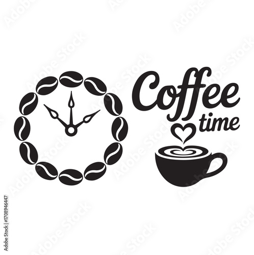 Black coffee beans forming a clock face next to a coffee cup with heart steam and text time