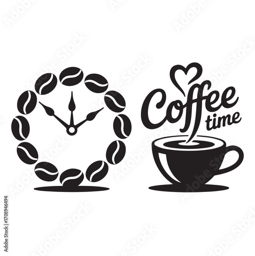 Black coffee cup with steam and coffee bean clock graphic hot drink beverage