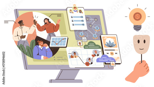 Team collaboration on project management, digital ideas via communication tools, graphs, video calls, and creative solutions. Ideal for teamwork, innovation, communication, networking