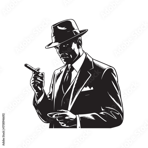 Black and white illustration of a man in a fedora and suit holding a cigar male