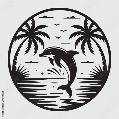 Black silhouette of a leaping dolphin in a circular frame with palm trees and ocean waves jumping