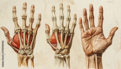 Anatomical illustration of the human hand, showcasing bones and muscles