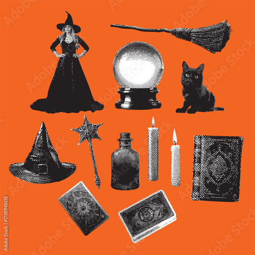 Magic illustration set, halloween vector, witch line drawing vintage style.