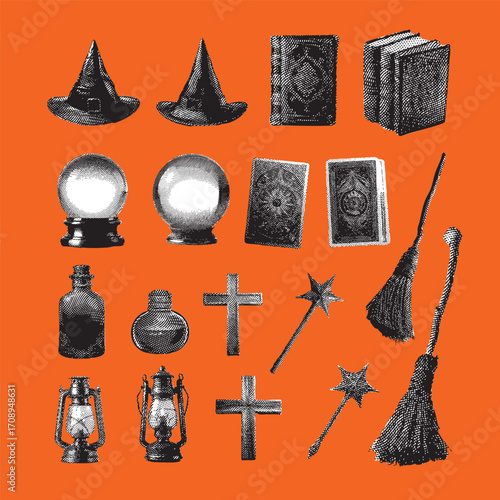 Magic illustration set, halloween vector, witch line drawing vintage style.