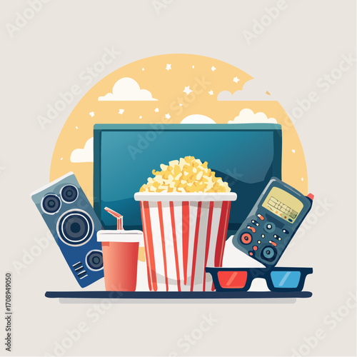Home cinema experience concept featuring a collection of movie night essentials like popcorn, a television, and 3D glasses