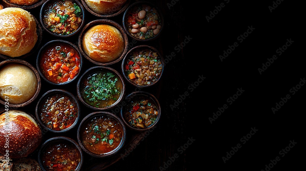 Fototapeta premium Assortment of Soups and Buns in Wooden Bowls