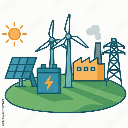 Innovative renewable energy landscape featuring solar panels wind turbines energy storage battery and power lines under bright sun highlighting sustainable technology development and ecological