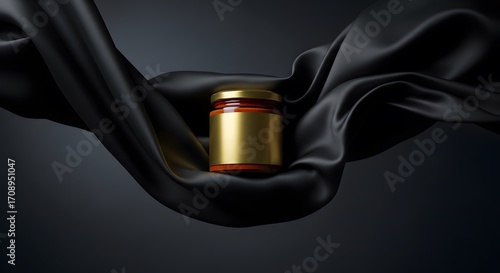 Luxury golden jar dark silk fabric elegant presentation mockup cosmetic food black premium packaging elegant branding