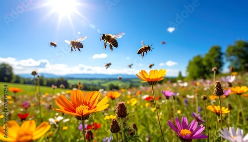 Fototapeta Naklejka Na Ścianę i Meble -  Bees flying over a vibrant meadow
