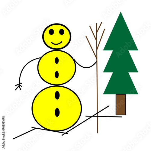Snowman character Vector. Yellow body illustration. Green spruce tree. Winter season emblem.