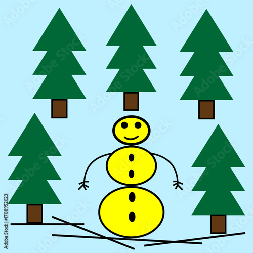 Snowman character Vector. Yellow body illustration. Green spruce forest. Blue sky background.