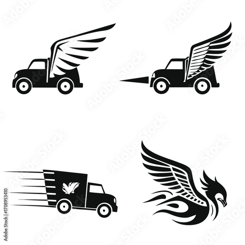 Black and white flying vehicles combined with transport trucks and phoenix figures on transparent background