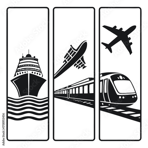 Black and white icons illustrate transportation methods inside frames, available on a transparent background