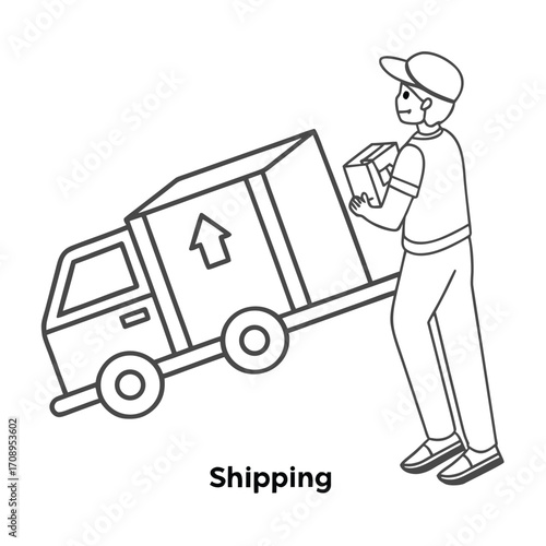 Line drawing shows an Asian courier with package standing by delivery truck