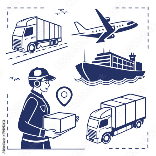 Line art shows an Asian courier delivering with trucks, plane, and ship on white