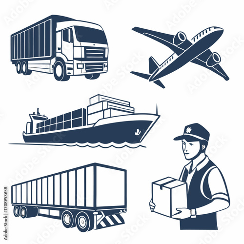 Monochromatic male postal worker transports a parcel near a truck, vessel, and airplane