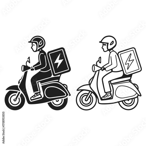 Two monochrome delivery men ride scooters with power symbol transparent background