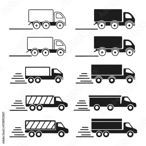 Various delivery vehicle icons depict trucks in simple black and white linear style with motion lines