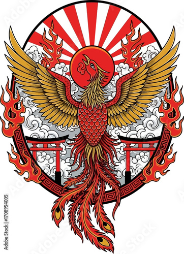 Phoenix rising in front of Japanese sun and torii gates.