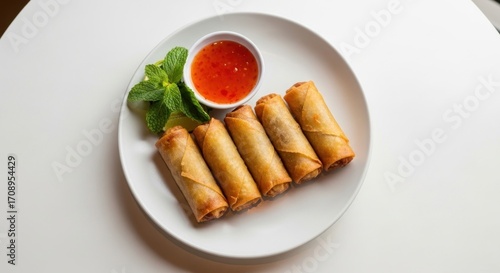 Golden-brown spring rolls arranged on a white plate, accompanied by a small bowl of red dipping sauce and fresh mint leaves, present a simple yet appealing culinary scene.