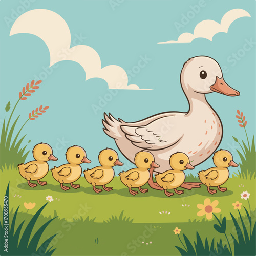 Mother duck with three ducklings silhouette vector