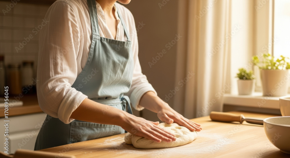 Obraz premium Woman in light apron kneading homemade bread dough with hands on wooden kitchen table in cozy sunlit interior near window with houseplants