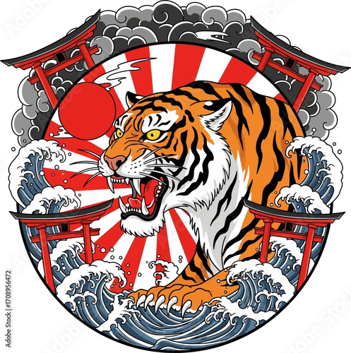 Japanese tiger tattoo art with torii gates and waves.