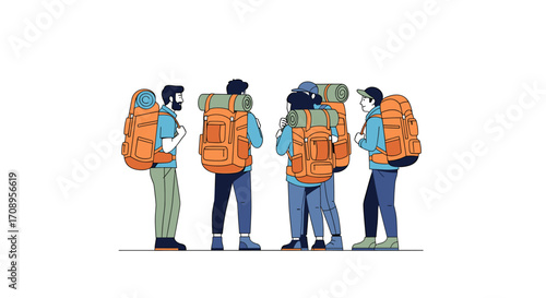 A group of people with backpacks are standing together ready for a hiking adventure trip outdoors