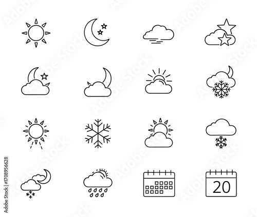 Weather forecast icons including sun, moon, stars, clouds, rain, snow, and calendar dates