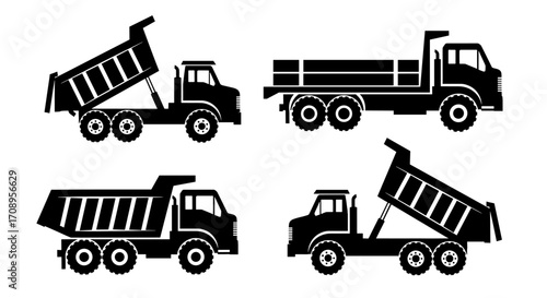 Four illustrations showcasing various types of trucks and their designs in a graphic style