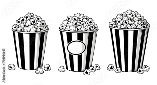 Three cartoon popcorn containers with stripes and popcorn overflowing from the containers