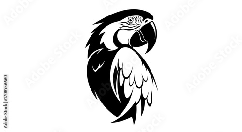 Stylized depiction of a parrot with intricate feather detailing and open beak in monochrome art style