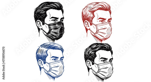 Four male faces wearing masks in different artistic styles and different mask shades displayed