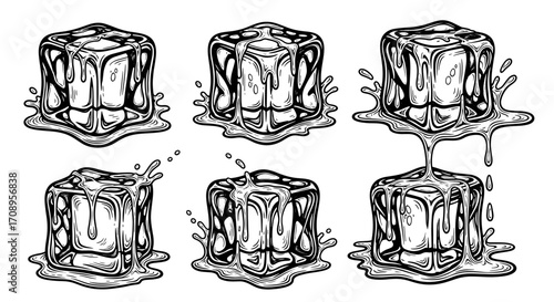 Six ice cubes with melting effect and splashes in a row on a white plane surface illustration