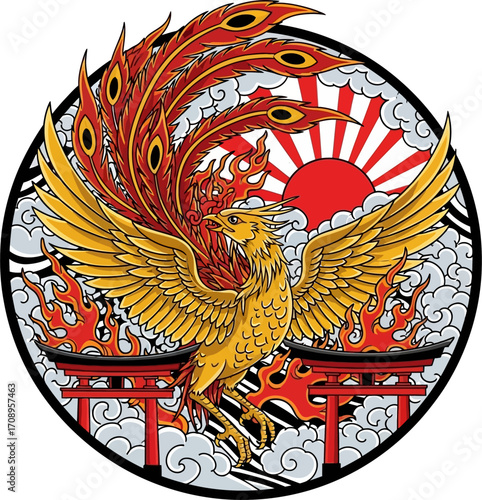 Phoenix rising with Japanese sun and torii gates in a circular design.