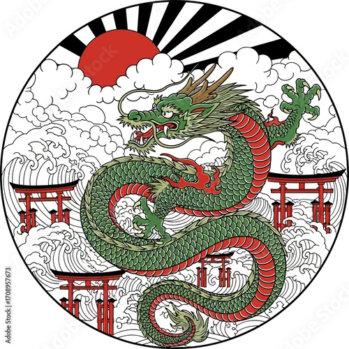 A powerful green Japanese dragon coils amidst clouds, waves, and red Torii gates under a rising sun in a circular illustration.