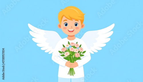 Cheerful cherubic child with floral bouquet