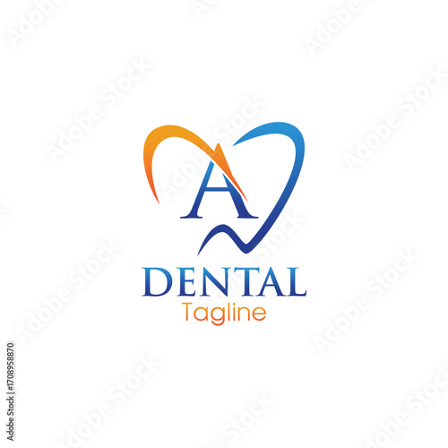 Modern dental logo featuring a stylized letter “A” inside a heart-shaped tooth outline, combining blue and orange for a professional and friendly appeal.