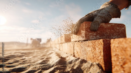 Close Up Bricklaying On Sunny Construction Site