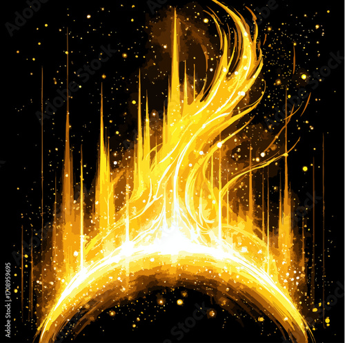 Glowing Solar Flare and Radiant Energy Burst Over Dark Space Background – Abstract Yellow and Gold Light Spectrum Illustration