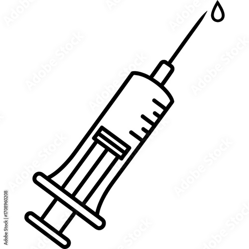 Simple Line Art Illustration of a Syringe with a Liquid Drop, Symbolizing Medical Injection, Vaccination, and Global Healthcare Initiatives. Ideal for Health-Related Designs