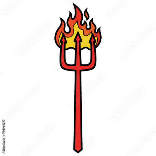 Vibrant cartoon illustration of a flaming red trident, representing supernatural power and infernal themes with a playful, yet striking graphic style
