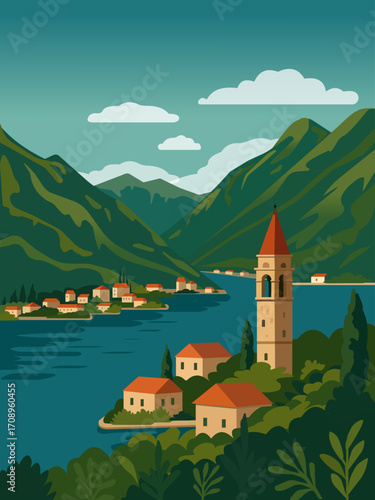 Montenegro, scenic coastal village with mountains and church tower vector, vector illustration