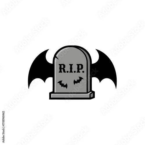 Spooky Halloween gravestone illustration with R.I.P. text and bat wings, a creepy yet fun vector icon for gothic horror themes