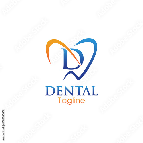Modern dental logo featuring a stylized letter “D” inside a heart-shaped tooth outline, combining blue and orange for a professional and friendly appeal.