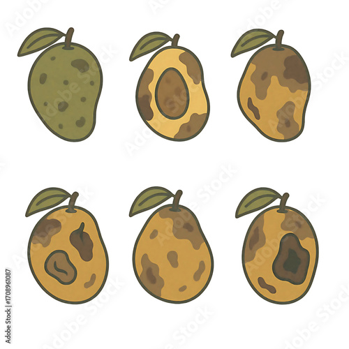 Icon Set Rotten Mango Cute Cartoon Vector Illustration, Mango Decay Stages Flat Minimalist Vector Icons, Spoiled Mango Fruit Hand Drawn Food Waste Illustration