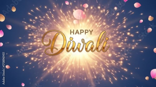 Wallpaper Mural Happy Diwali Celebration with Golden Text and Sparkling Fireworks on a Dark Blue Background. Torontodigital.ca